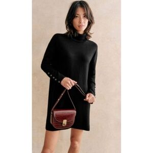 Sézane La Maille Merino Wool Turtleneck Sweater Dress Black Long Sleeve ButtonXS